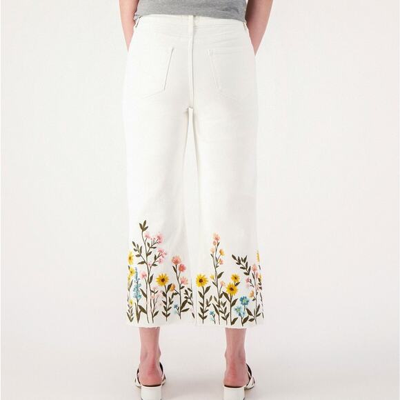 Driftwood Charlee Embroidered Wide Leg Crop Raw Hem Jeans White Plus 22 Floral - Picture 1 of 8